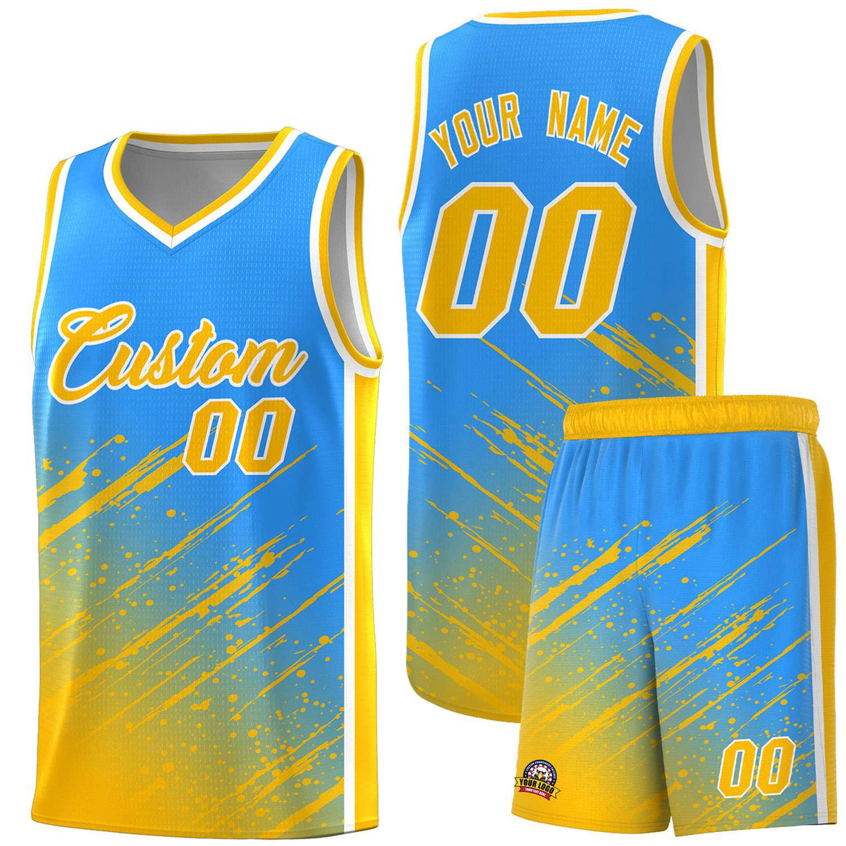 Custom Powder Blue Basketball Kits With Yellow Paint Graffiti