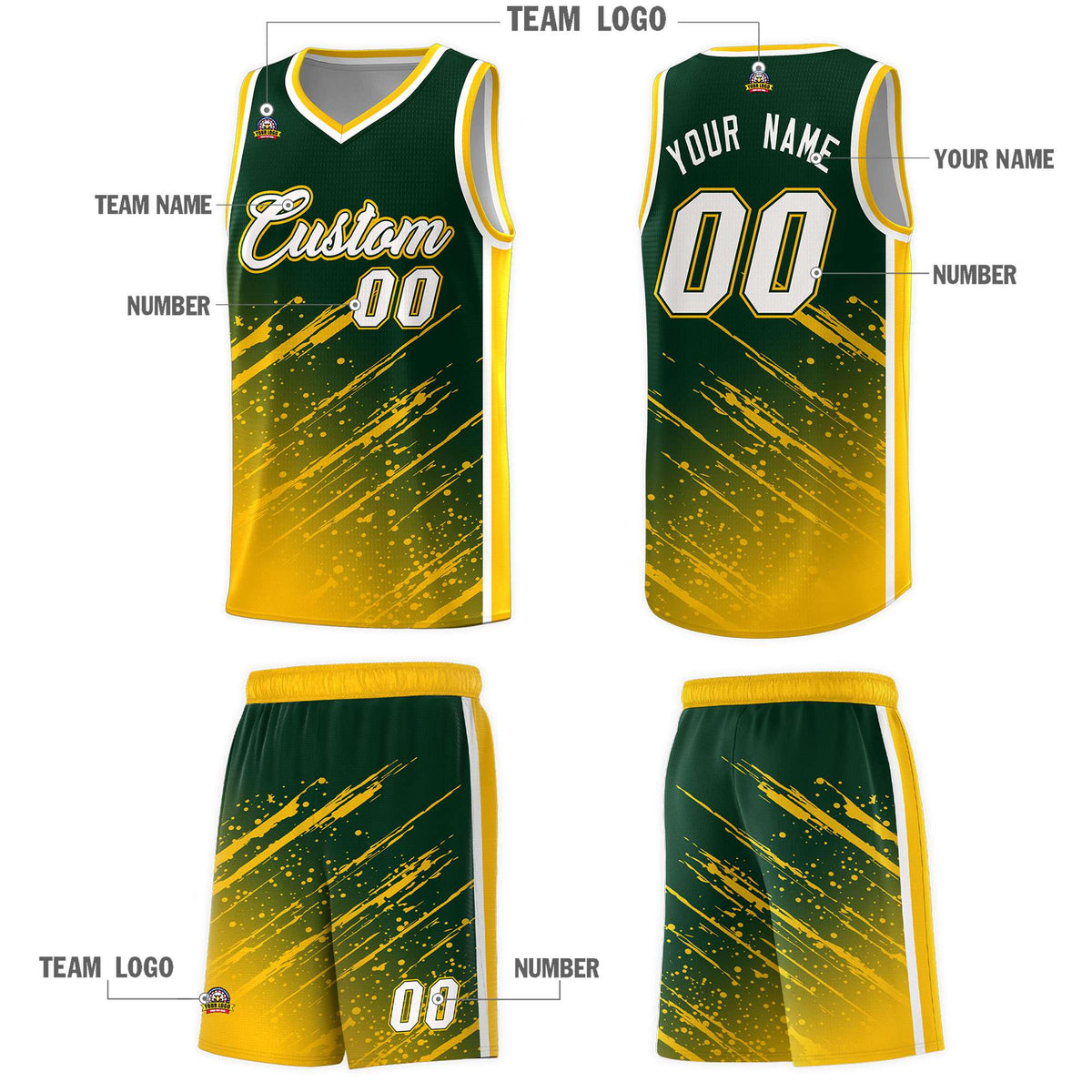 Custom Green Basketball Kits With Yellow Paint Graffiti