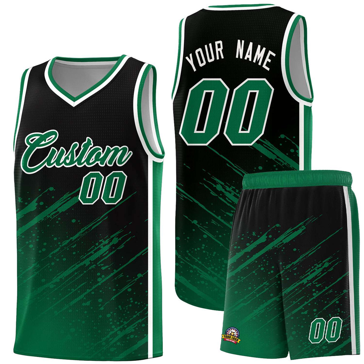 Custom Black Basketball Kits With Kelly Green Paint Graffiti