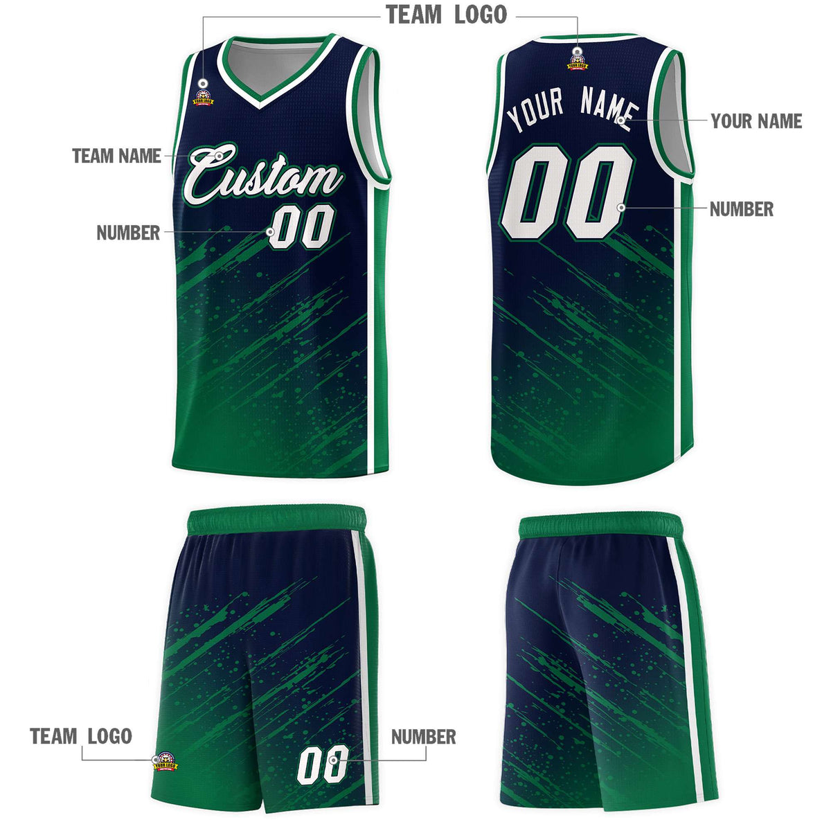 Custom Navy Basketball Kits With Kelly Green Paint Graffiti