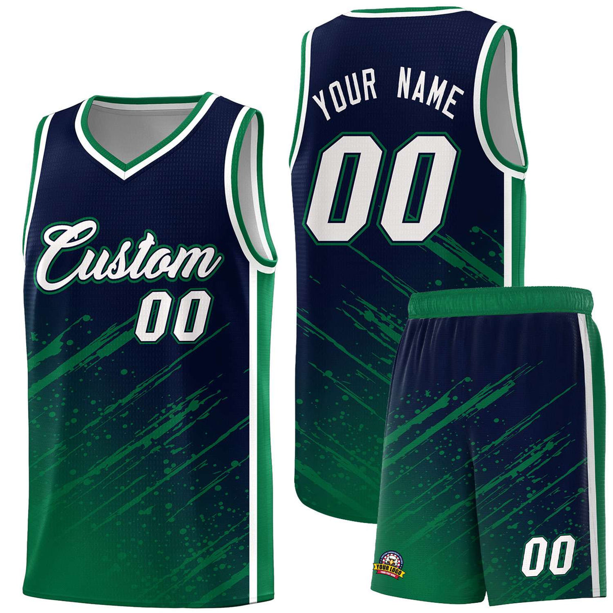 Custom Navy Basketball Kits With Kelly Green Paint Graffiti