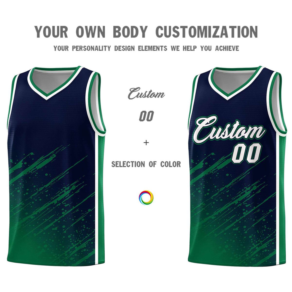 Custom Navy Basketball Kits With Kelly Green Paint Graffiti