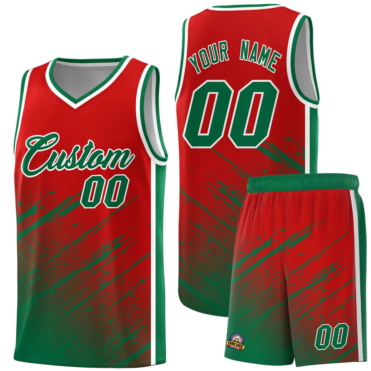 Custom Red Basketball Kits With Kelly Green Paint Graffiti