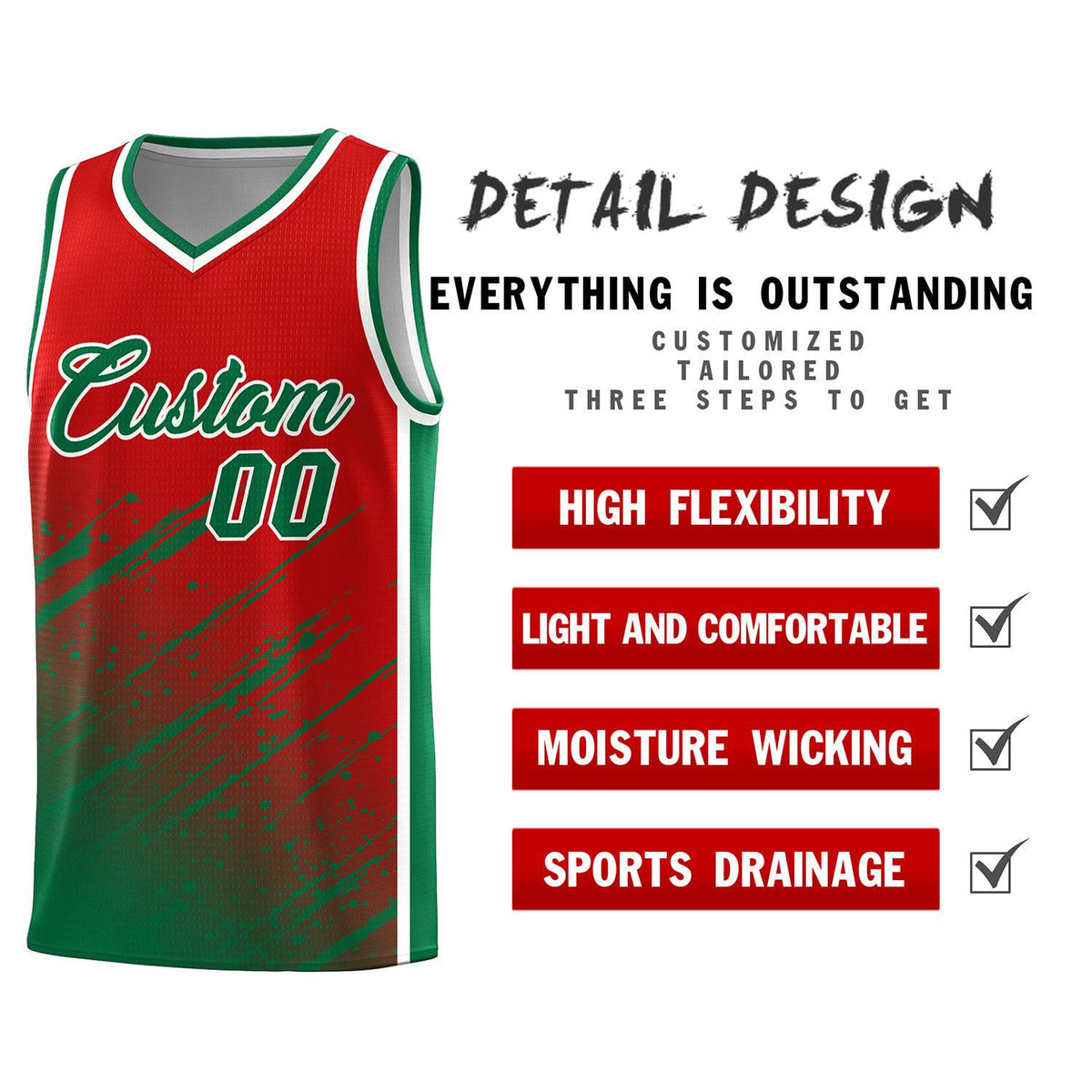 Custom Red Basketball Kits With Kelly Green Paint Graffiti