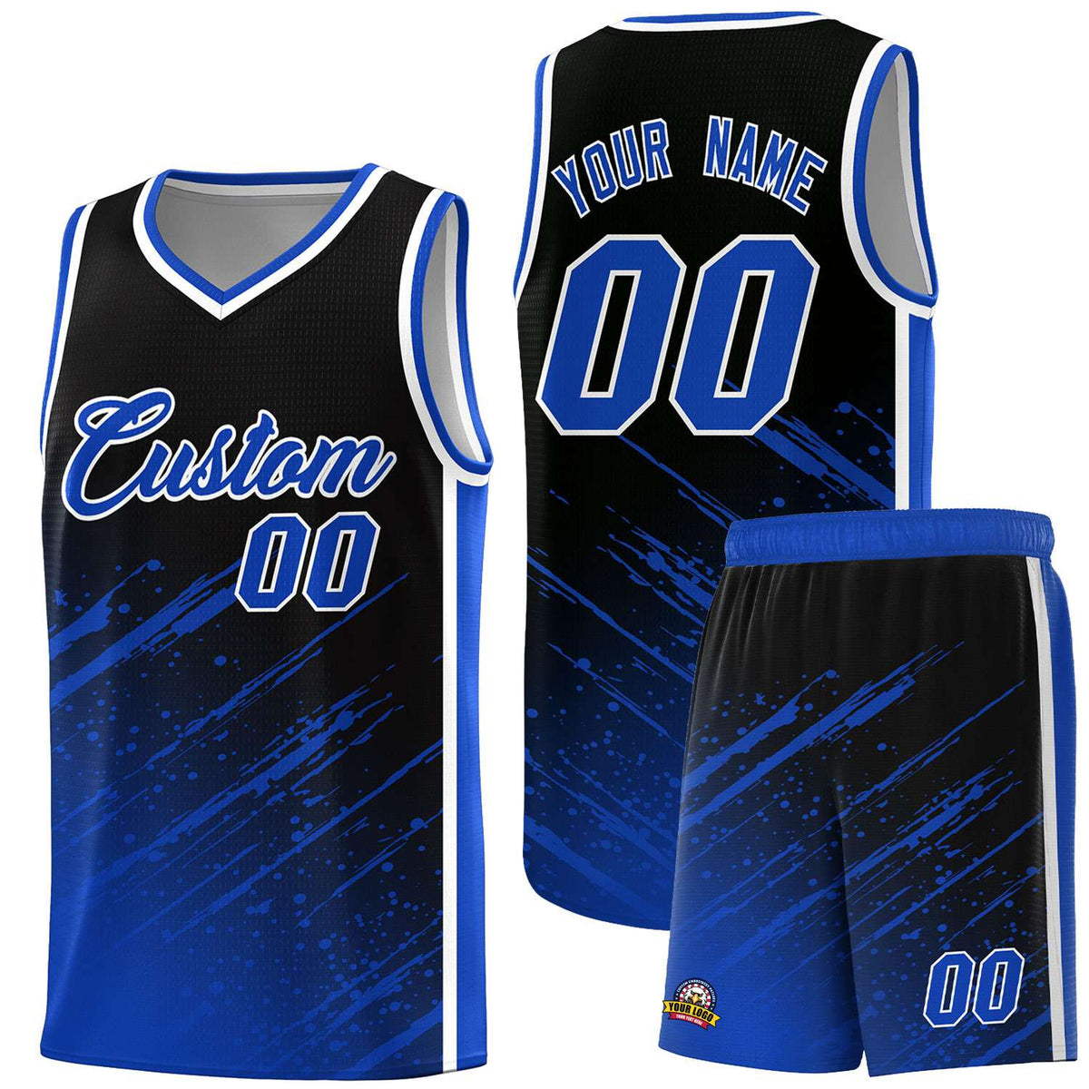 Custom Black Basketball Kits With Royal Paint Graffiti