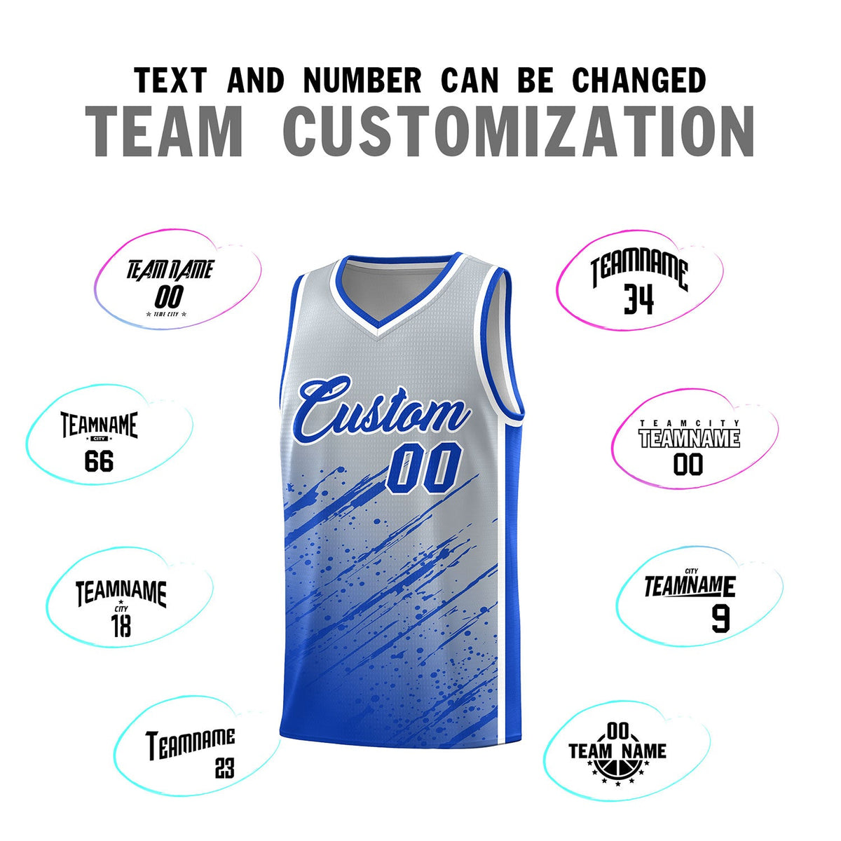 Custom Gray Basketball Kits With Royal Paint Graffiti