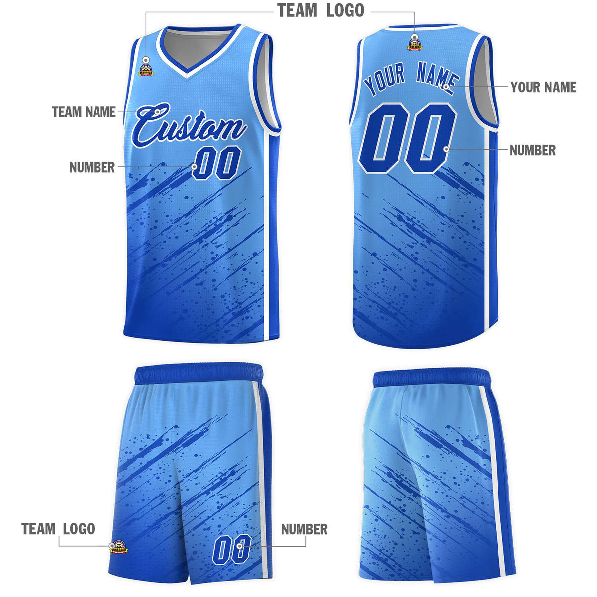Custom Powder Blue Basketball Kits With Royal Paint Graffiti