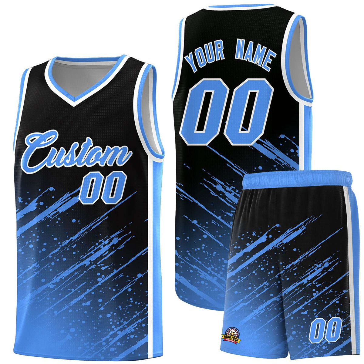 Custom Black Basketball Kits With Powder Blue Paint Graffiti
