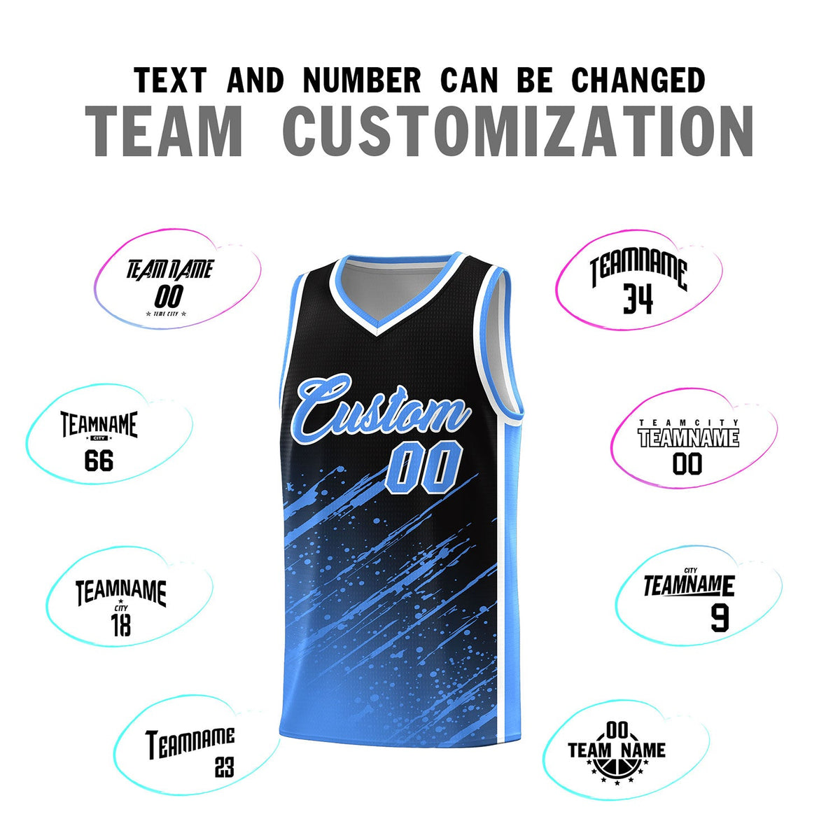 Custom Black Basketball Kits With Powder Blue Paint Graffiti