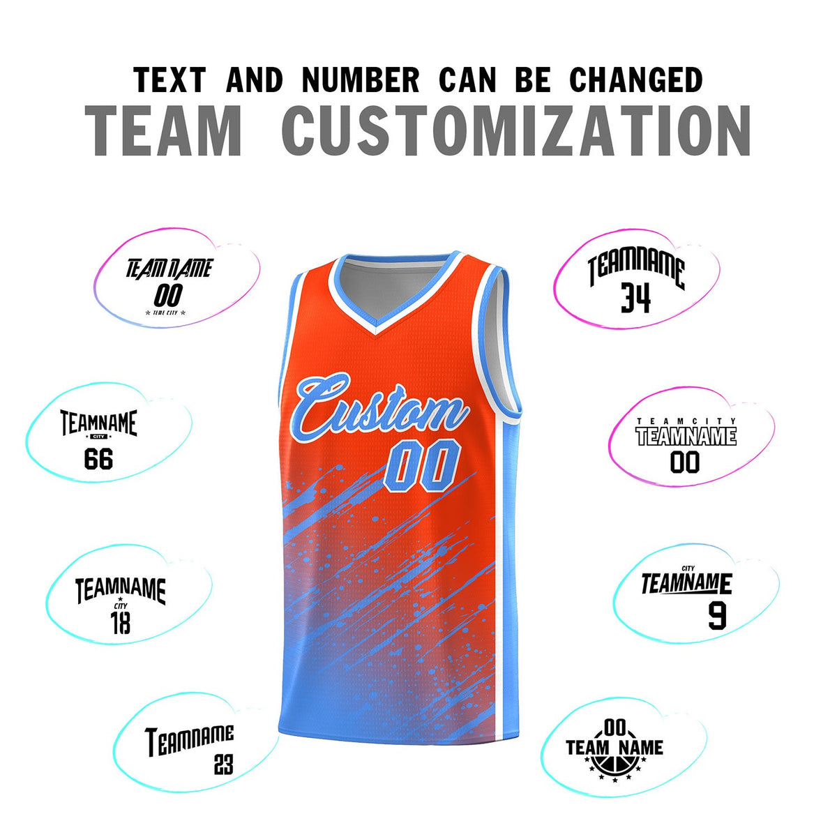 Custom Orange Basketball Kits With Powder Blue Paint Graffiti