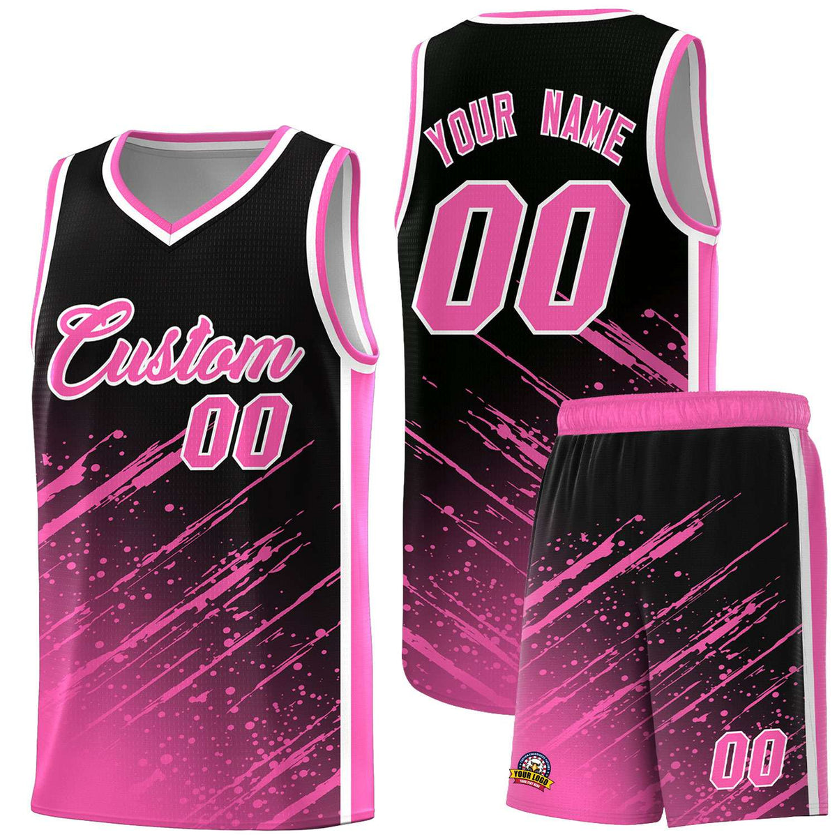 Custom Black Basketball Kits With Pink Paint Graffiti