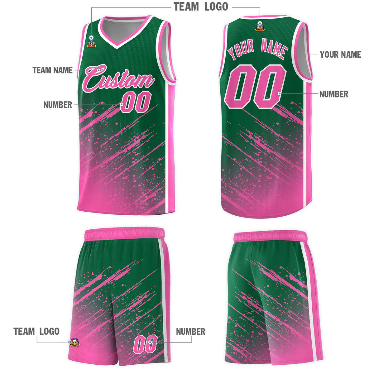 Custom Kelly Green Basketball Kits With Pink Paint Graffiti