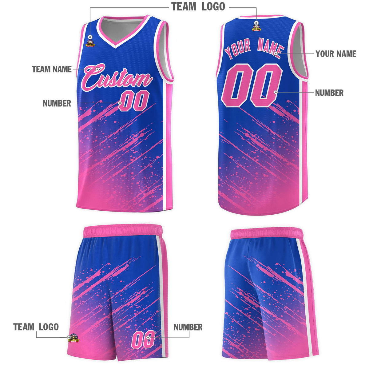 Custom Royal Basketball Kits With Pink Paint Graffiti
