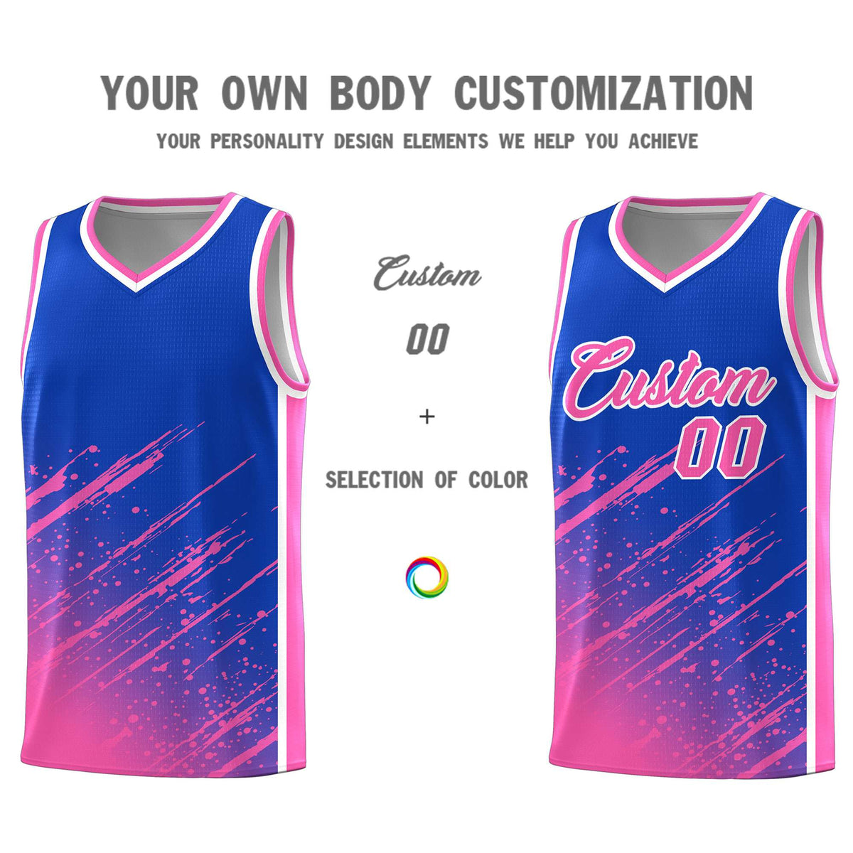 Custom Royal Basketball Kits With Pink Paint Graffiti