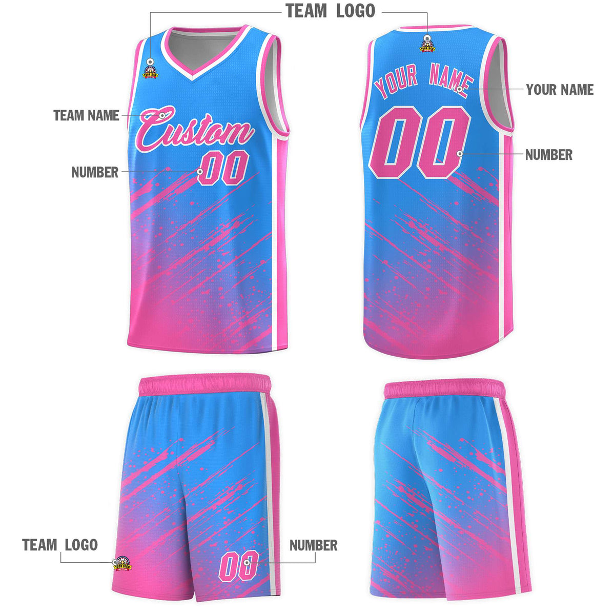 Custom Powder Blue Basketball Kits With Pink Paint Graffiti