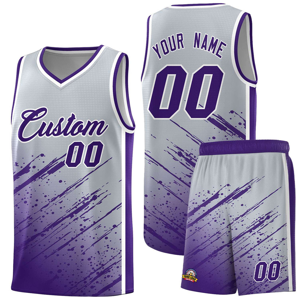 Custom Gray Basketball Kits With Purple Paint Graffiti