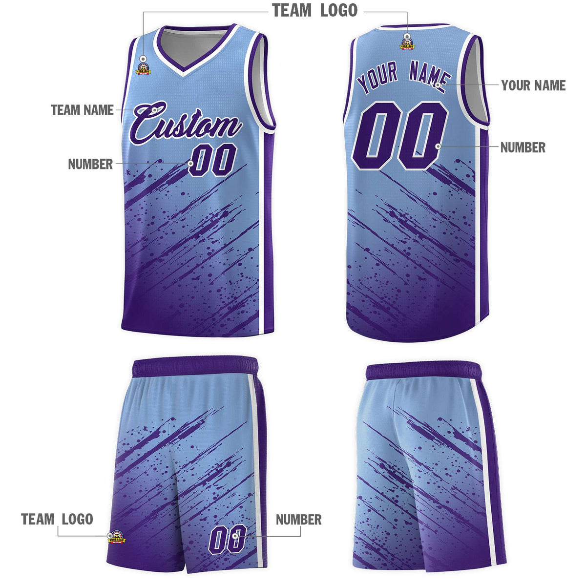 Custom Light Blue Basketball Kits With Purple Paint Graffiti
