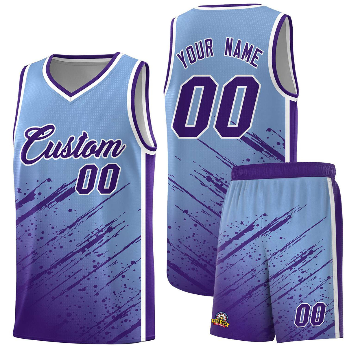 Custom Light Blue Basketball Kits With Purple Paint Graffiti