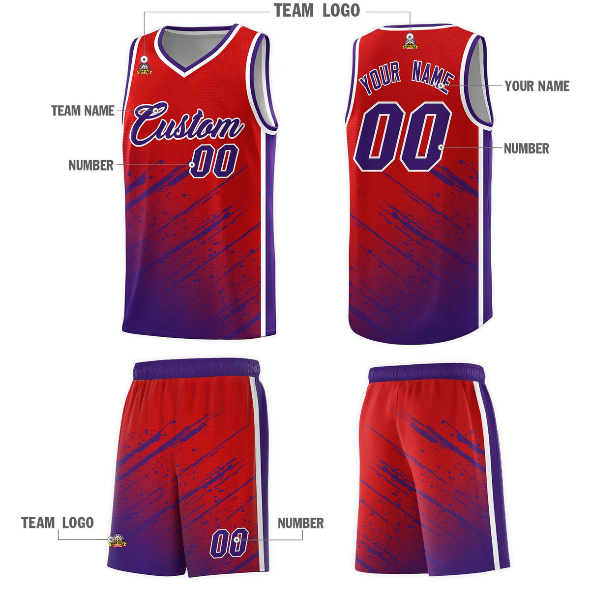 Custom Red Basketball Kits With Purple Paint Graffiti