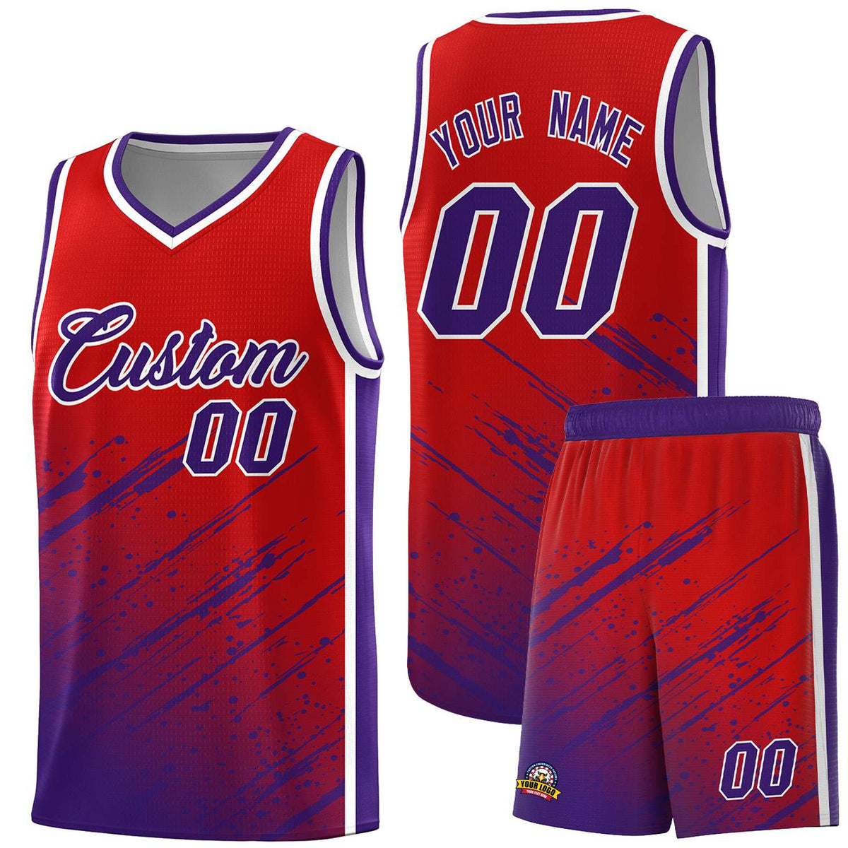 Custom Red Basketball Kits With Purple Paint Graffiti