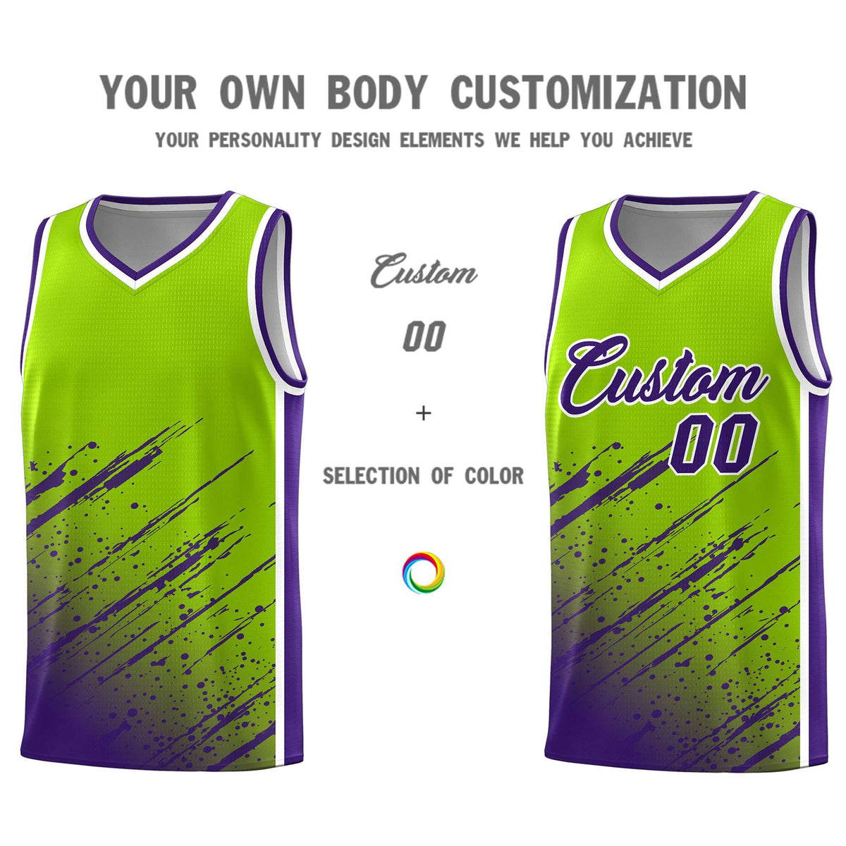 Custom Neon Green Basketball Kits With Purple Paint Graffiti