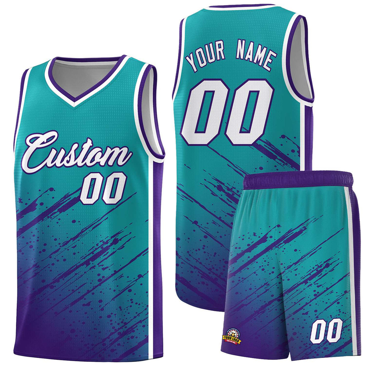 Custom Aqua Basketball Kits With Purple Paint Graffiti
