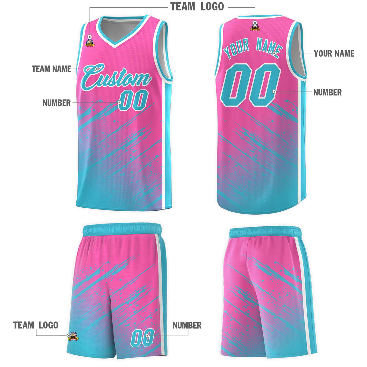 Custom Pink Basketball Kits With Sky Blue Paint Graffiti