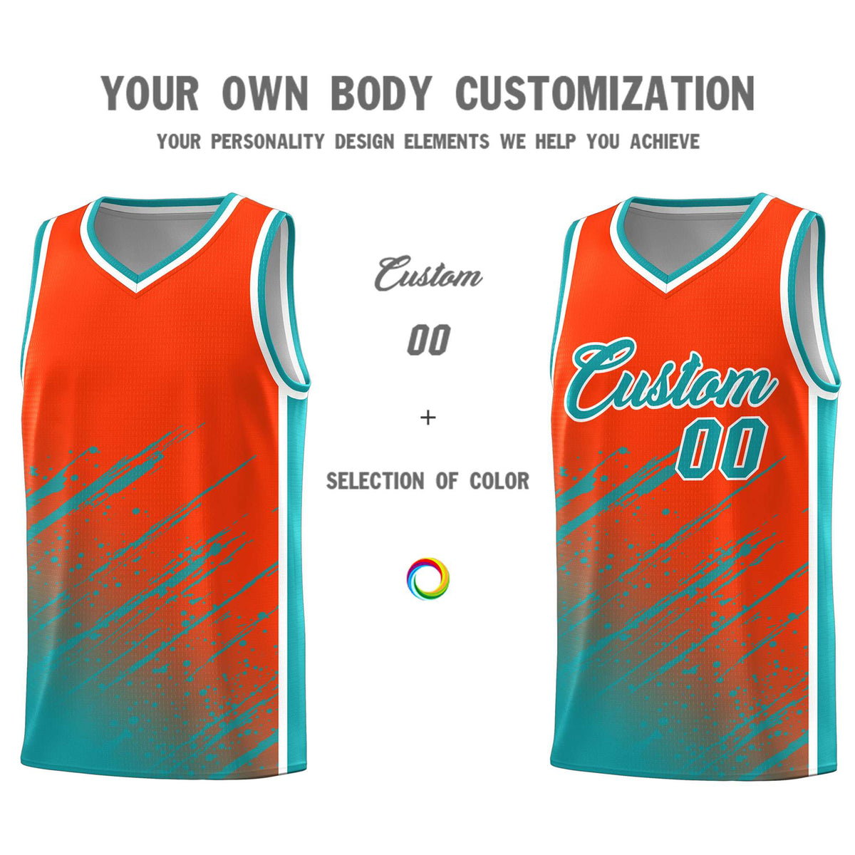 Custom Orange Basketball Kits With Aqua Paint Graffiti