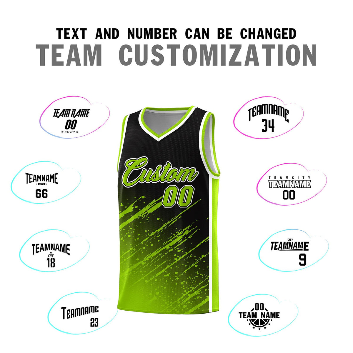 Custom Black Basketball Kits With Neon Green Paint Graffiti