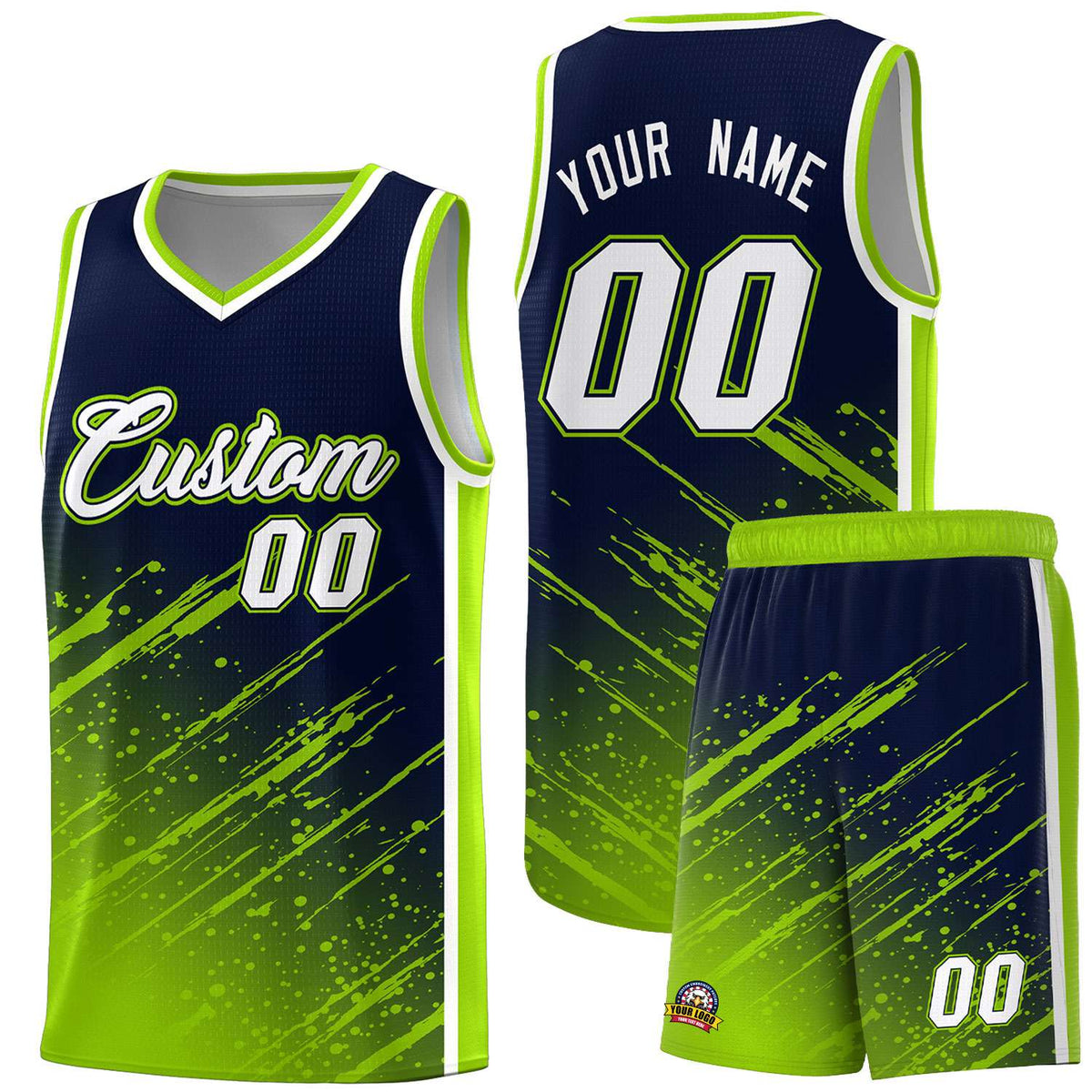 Custom Navy Basketball Kits With Neon Green Paint Graffiti