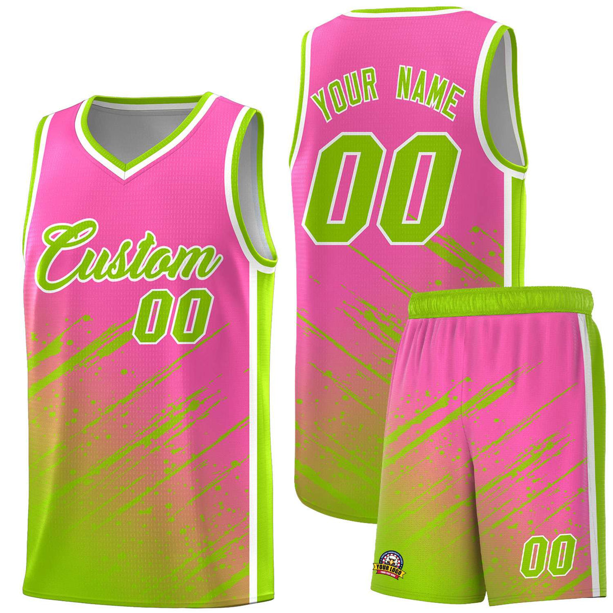 Custom Pink Basketball Kits With Neon Green Paint Graffiti