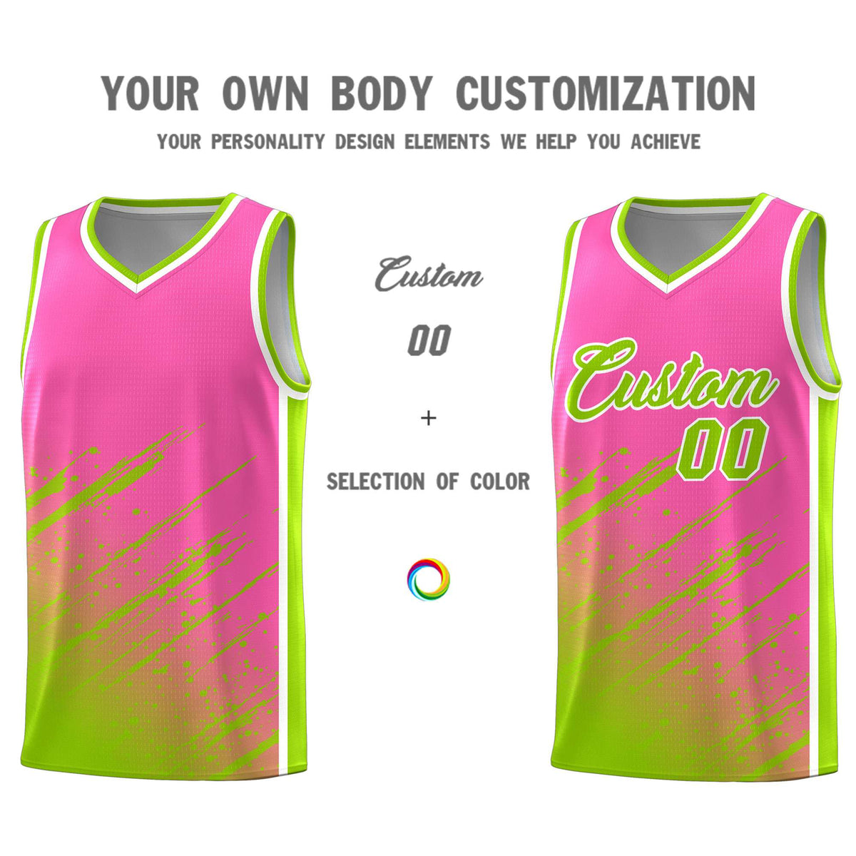 Custom Pink Basketball Kits With Neon Green Paint Graffiti