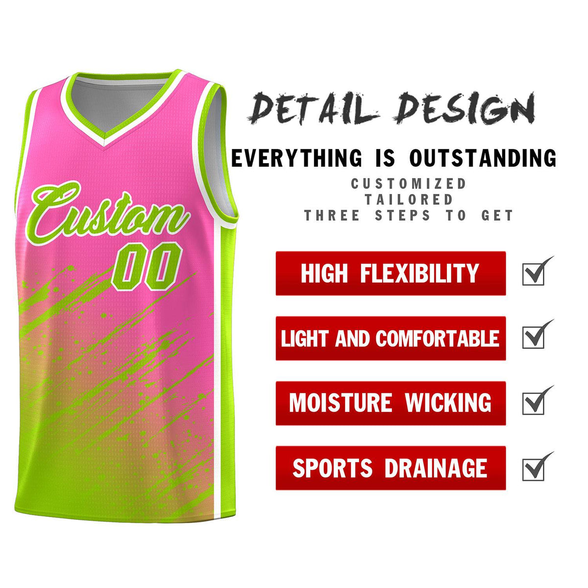 Custom Pink Basketball Kits With Neon Green Paint Graffiti