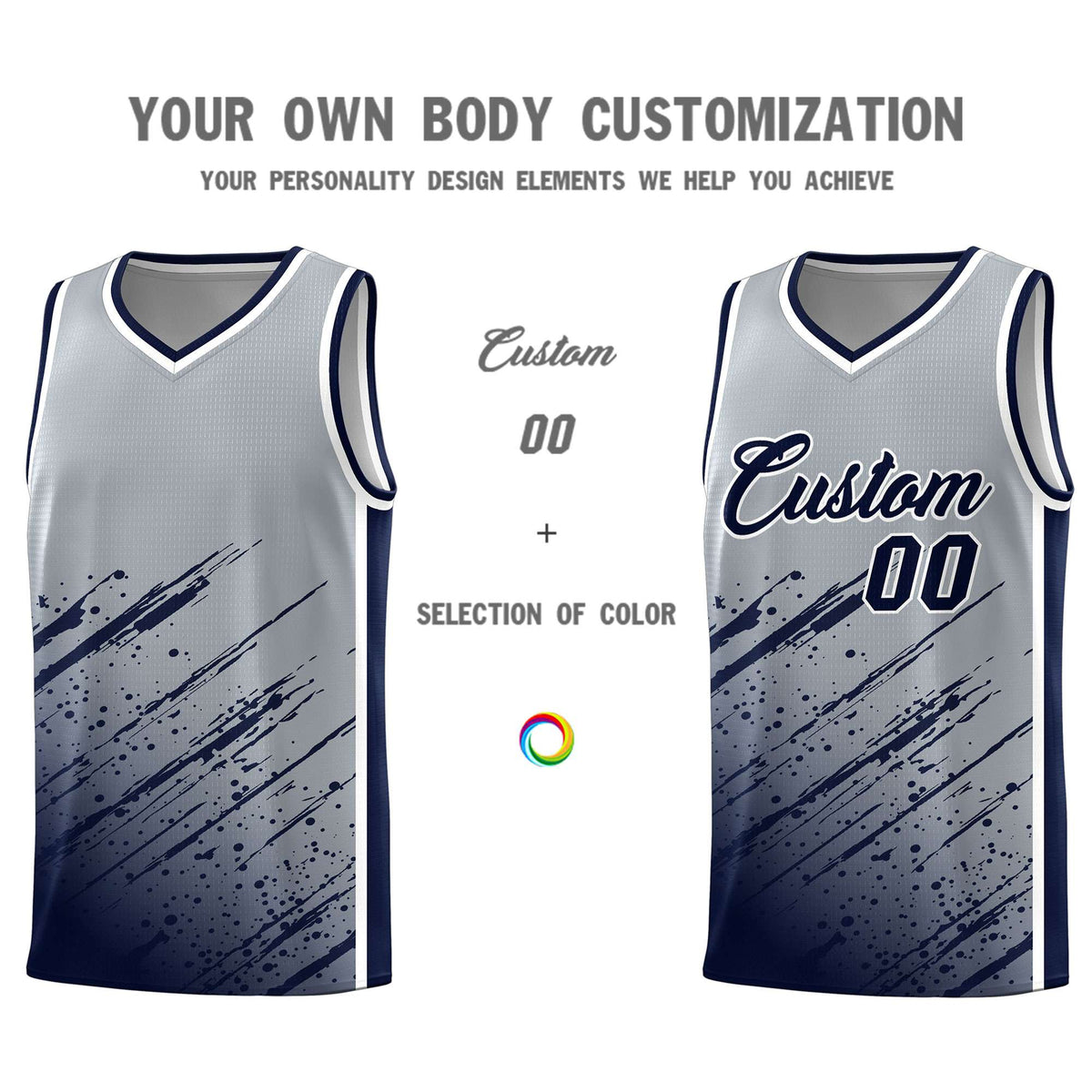 Custom Gray Basketball Kits With Navy Paint Graffiti