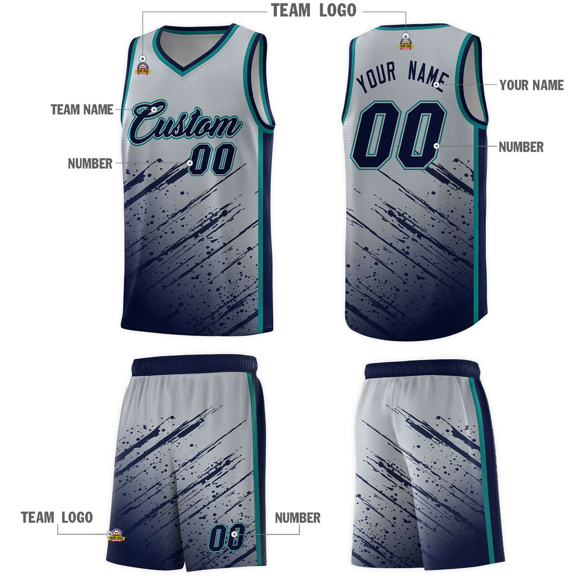 Custom Gray Basketball Kits With Navy Paint Graffiti