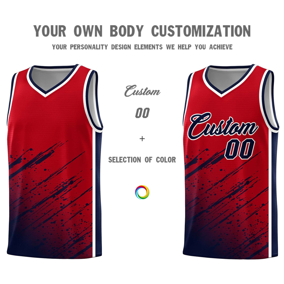 Custom Red Basketball Kits With Navy Paint Graffiti