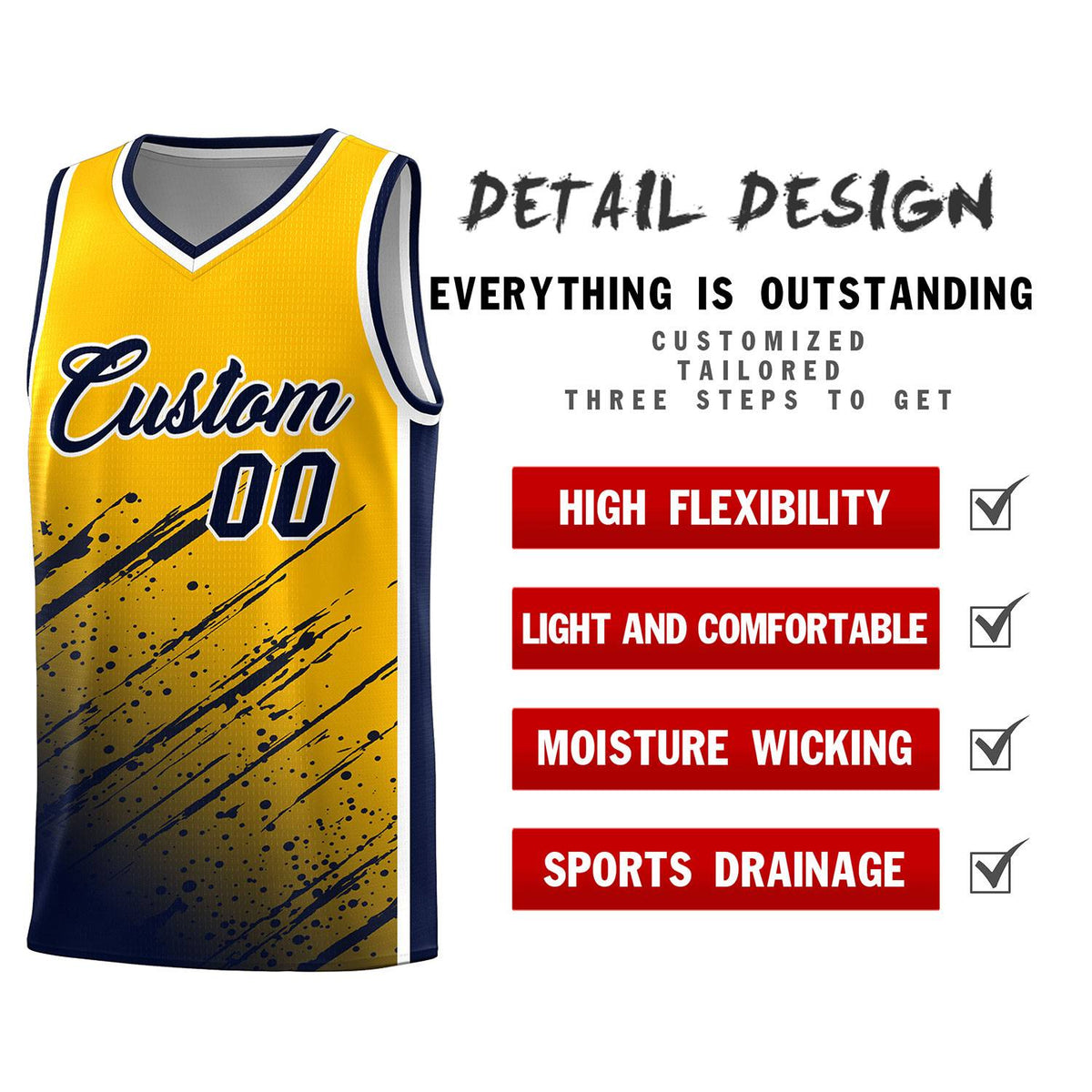 Custom Yellow Basketball Kits With Navy Paint Graffiti