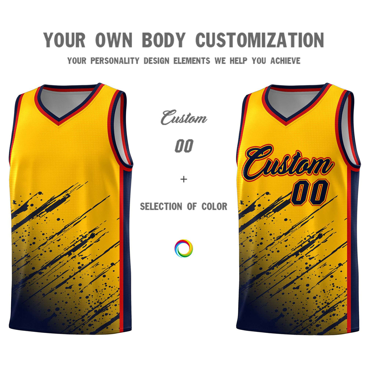 Custom Yellow Basketball Kits With Navy Paint Graffiti