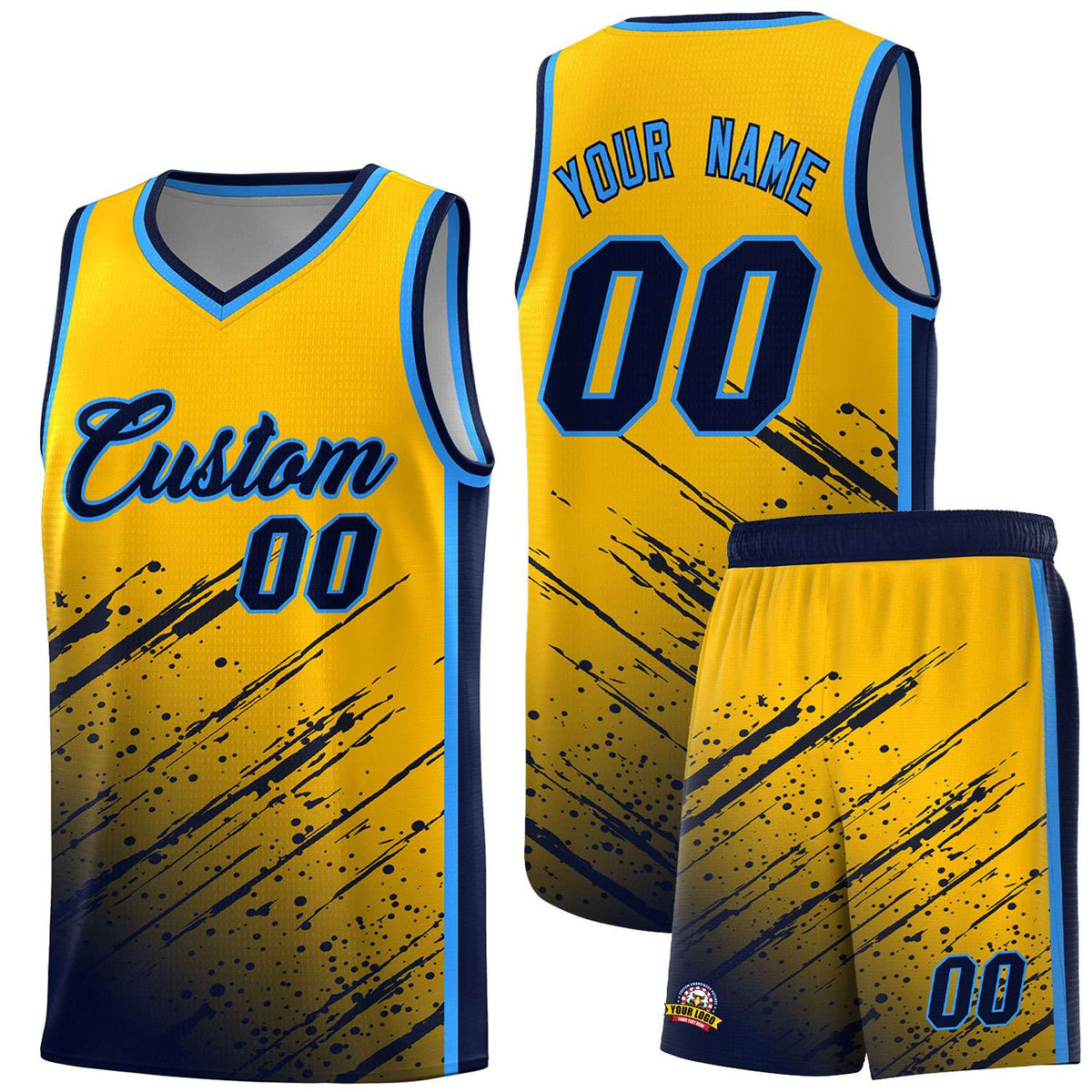 Custom Yellow Basketball Kits With Navy Paint Graffiti