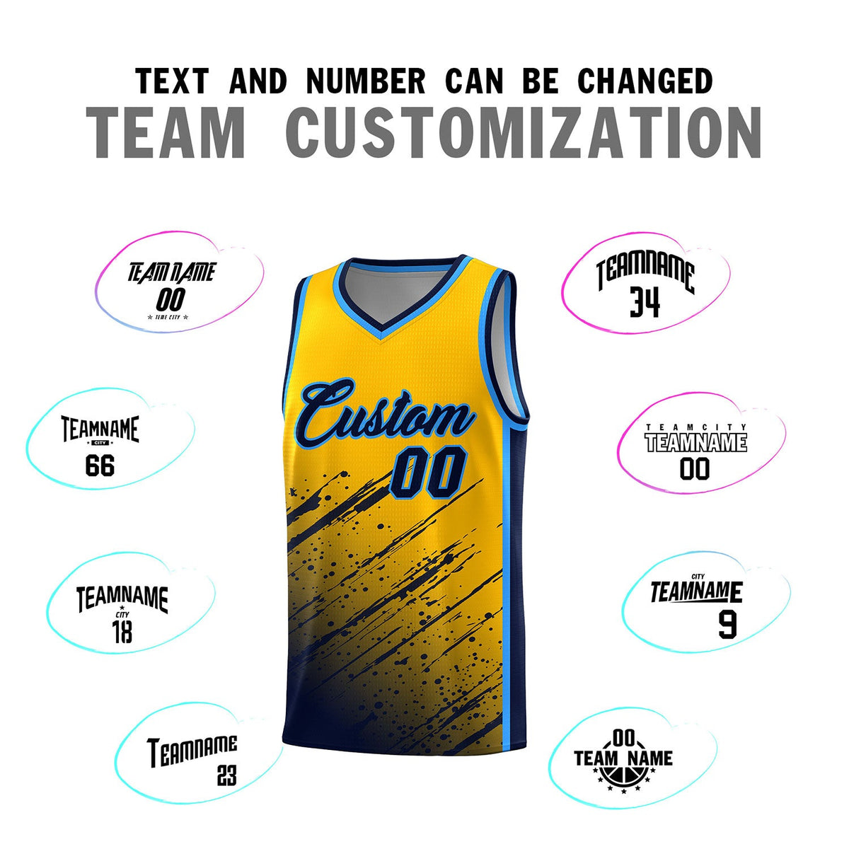 Custom Yellow Basketball Kits With Navy Paint Graffiti
