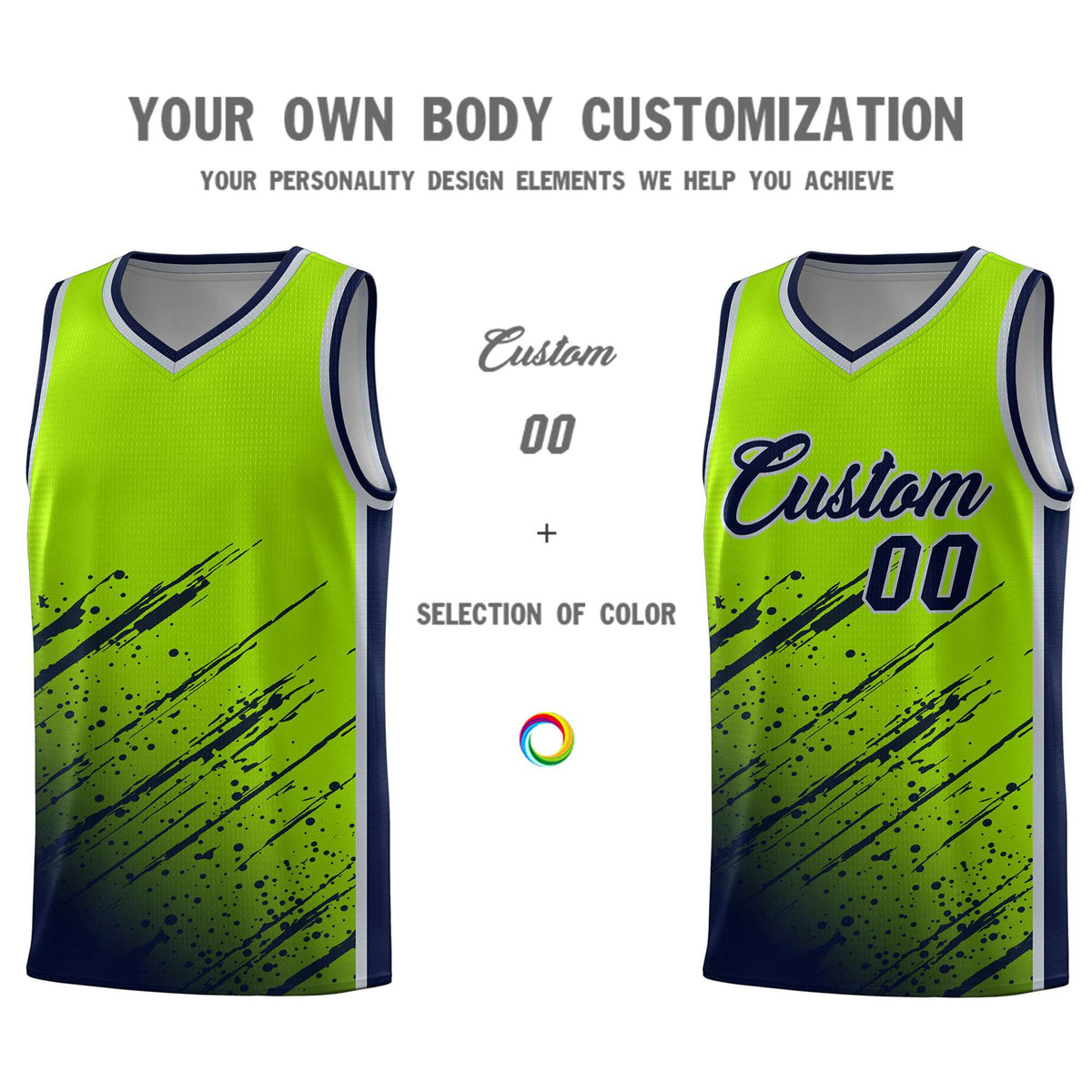 Custom Neon Green Basketball Kits With Navy Paint Graffiti