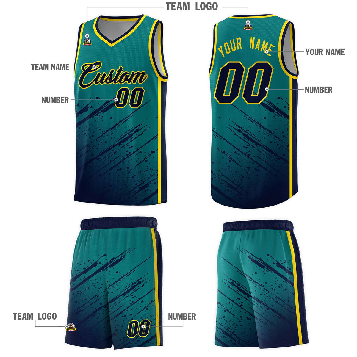 Custom Aqua Basketball Kits With Navy Paint Graffiti
