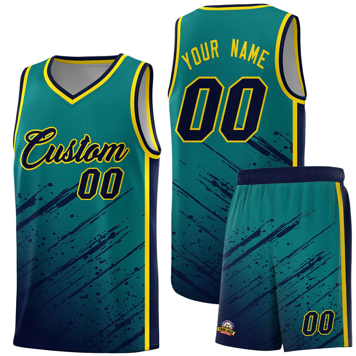 Custom Aqua Basketball Kits With Navy Paint Graffiti