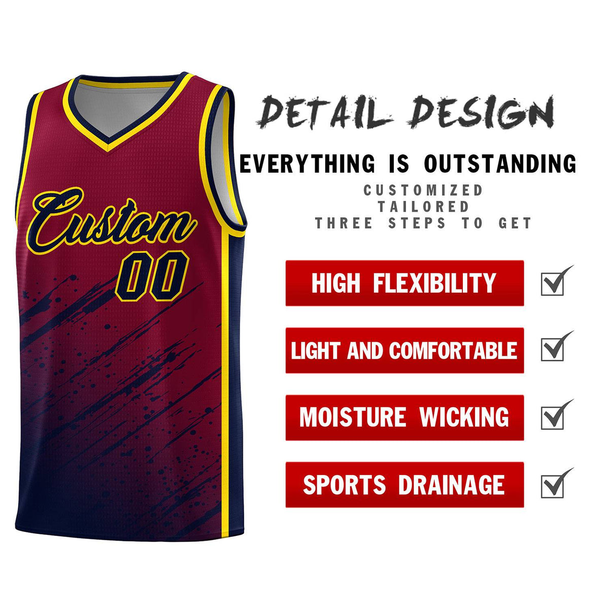 Custom Crimson Basketball Kits With Navy Paint Graffiti