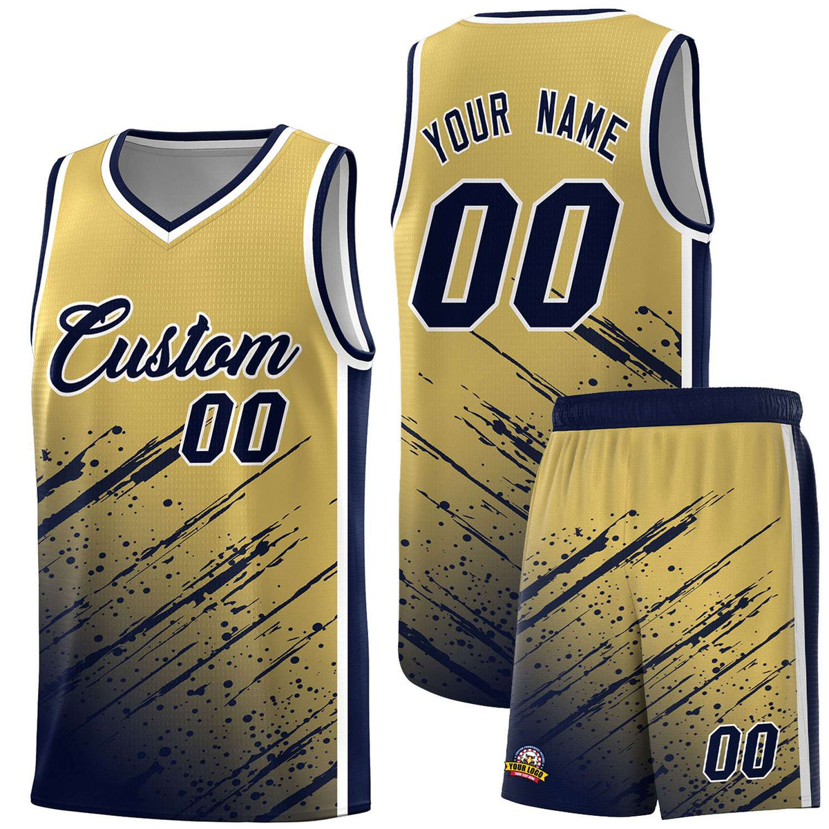 Custom Khaki Basketball Kits With Navy Paint Graffiti