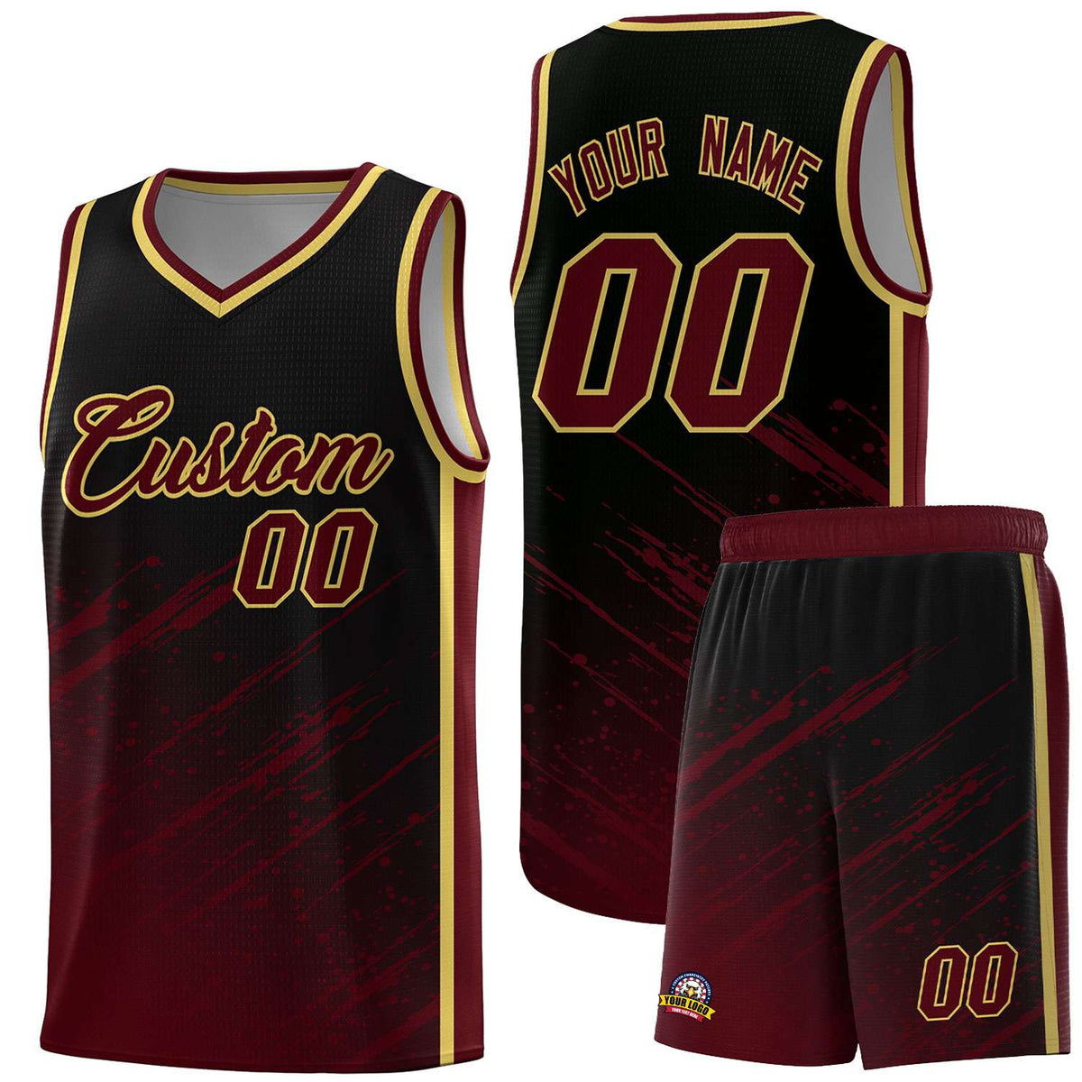Custom Black Basketball Kits With Crimson Paint Graffiti