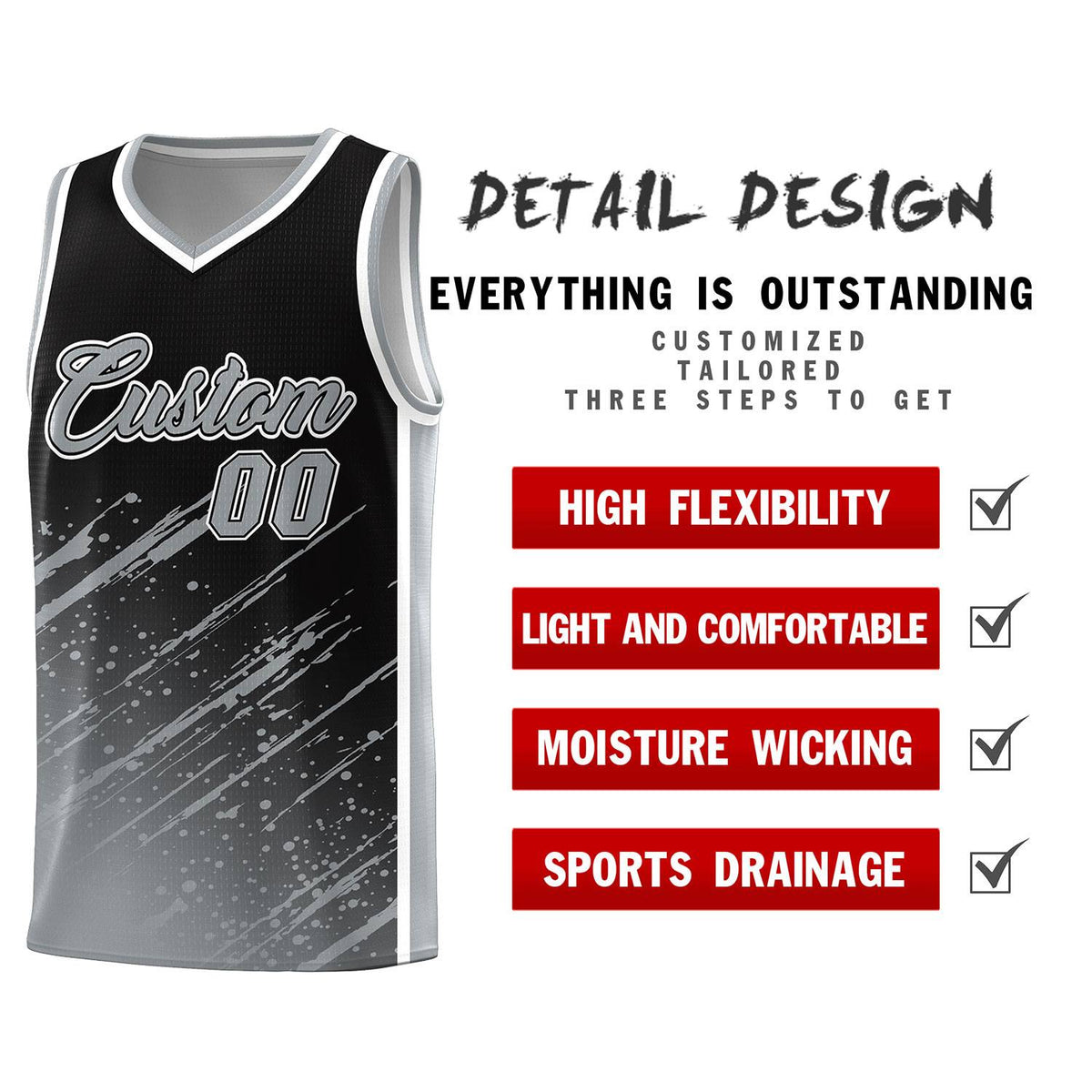 Custom Black Basketball Kits With Gray Paint Graffiti