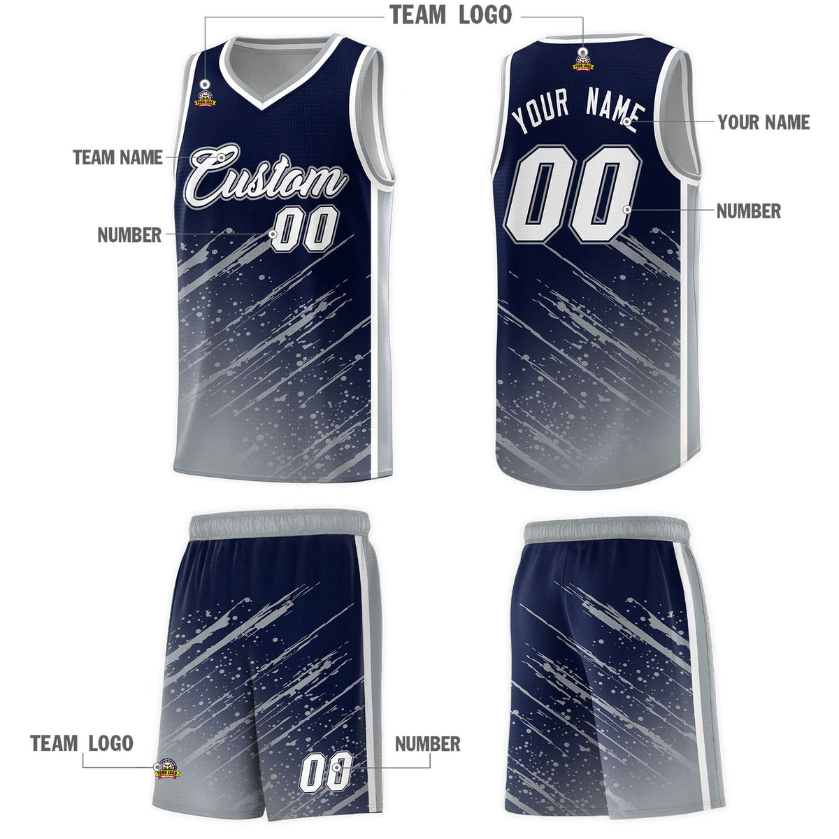 Custom Navy Basketball Kits With Gray Paint Graffiti