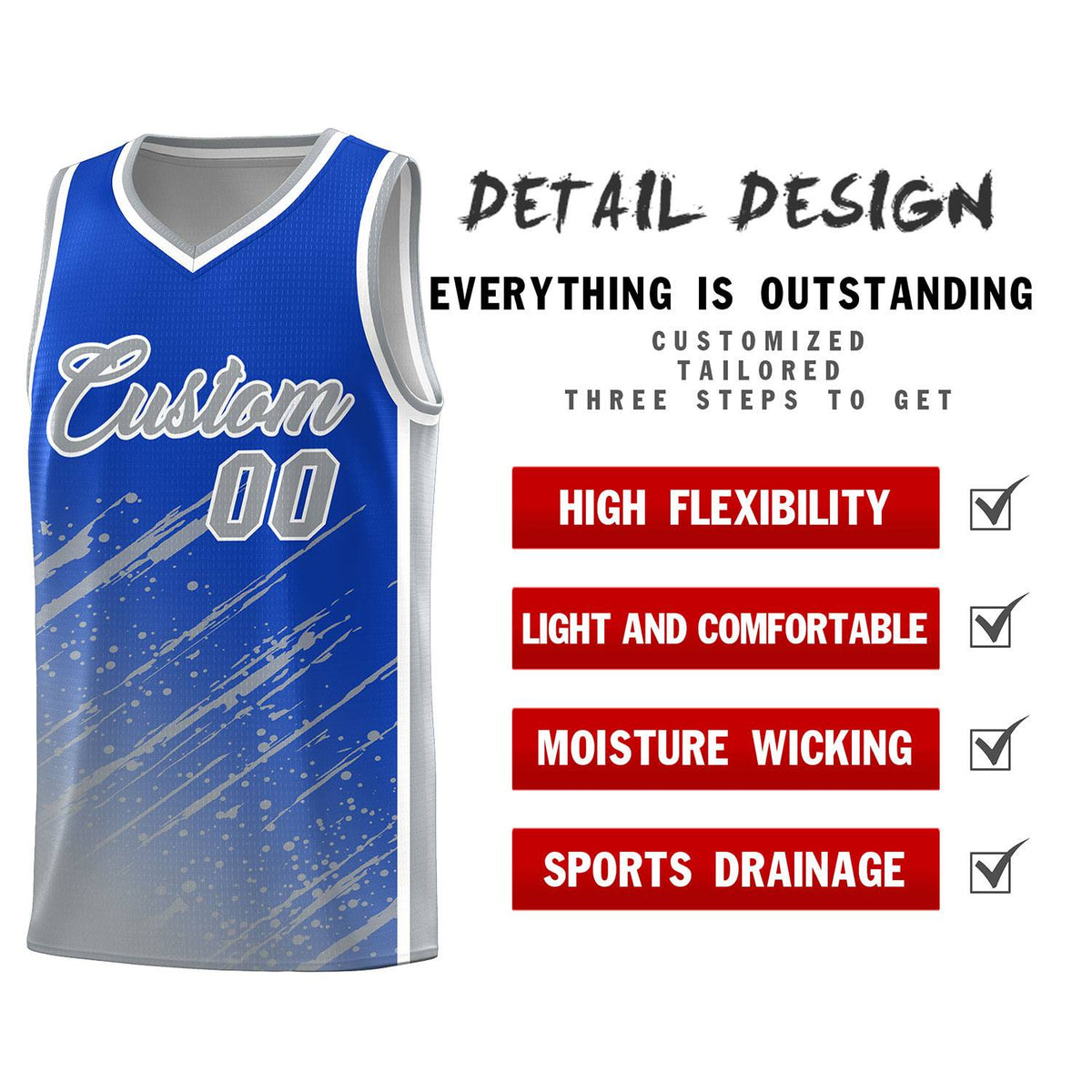 Custom Royal Basketball Kits With Gray Paint Graffiti