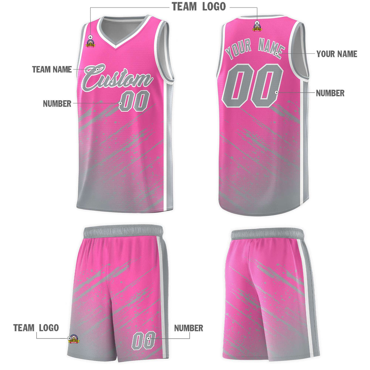 Custom Pink Basketball Kits With Gray Paint Graffiti
